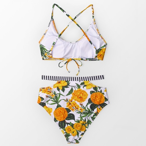 Yellow Floral Striped High Waist Bikini Swimsuit - Picture 4 of 8